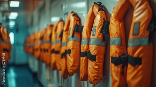 Orange life jackets hanging on boat interior. photo