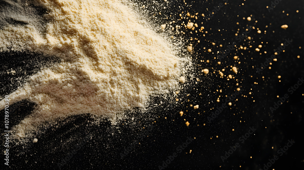 Flour heap or pile. illustration of white falling powder isolated on black background, powder or dust effect Flour heap or pile. illustration of white falling powder isolated on black background, powder or dust effect
