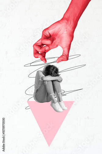 Papier peint Vertical photo collage of sad alone girl hug knee bullying hand threat shame ass