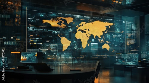 Wallpaper Mural A high-tech control room with a world map and data displays for monitoring global information. Torontodigital.ca