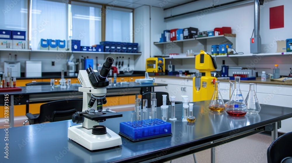 A science classroom with lab tables, microscopes, and safety equipment A science classroom with lab tables, microscopes, and safety equipment