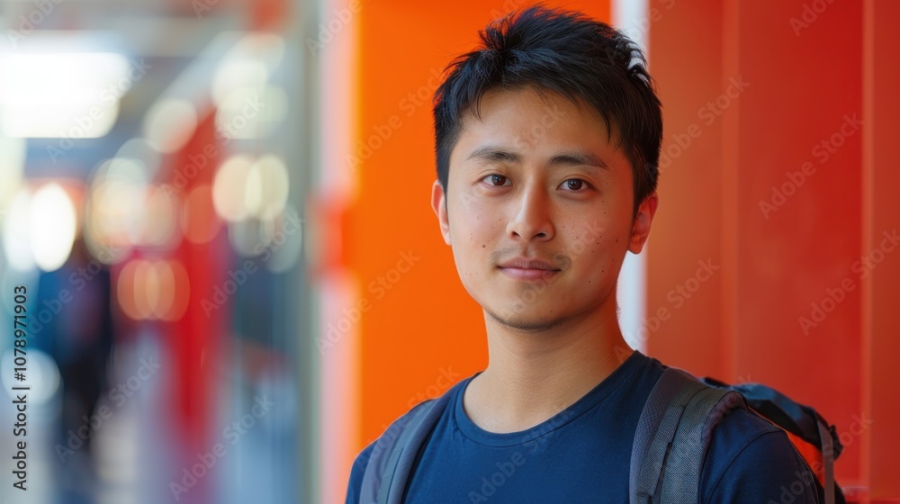 A backdrop of diverse colors illuminates an Asian student's introspective expression, marking his educational achievements