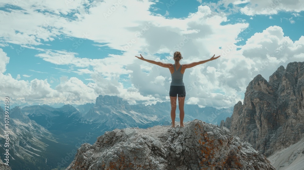 Woman Standing on Mountain Peak, Arms Outstretched Woman Standing on Mountain Peak, Arms Outstretched