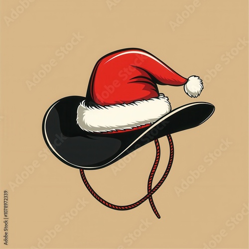 Western cowboy christmas clipart illustration. A whimsical cowboy hat adorned with a festive Christmas hat, blending holiday cheer with a classic western style. photo