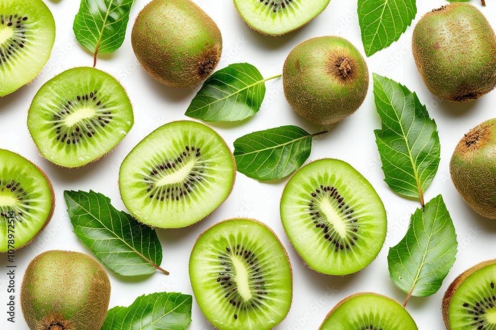 Fototapeta premium Vibrant kiwi halves placed artistically with fresh green leaves on a clean white background