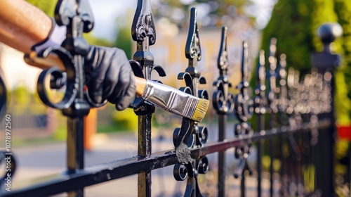 hand with brush painting iron fence