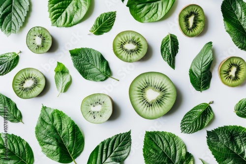 Vibrant kiwi halves surrounded by fresh green leaves against a clean white background photo