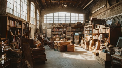 A spacious warehouse interior filled with bookshelves and stacks of books, bathed in warm sunlight streaming through large windows.