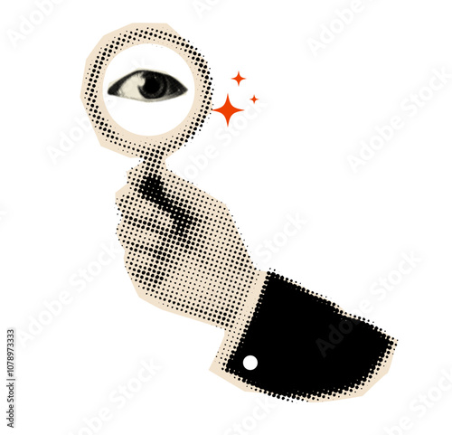 Halftone hand holding a magnifying glass in trendy collage style, we are hiring concept,cut out from magazine