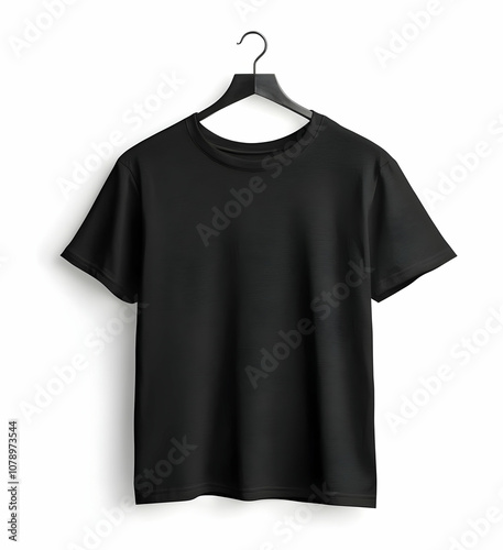 Black t-shirt hanging on black hanger on white background.