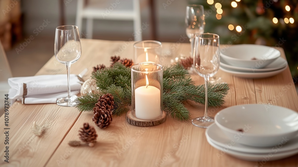 A rustic wooden table is set for dinner with candles and pine branches as a centerpiece