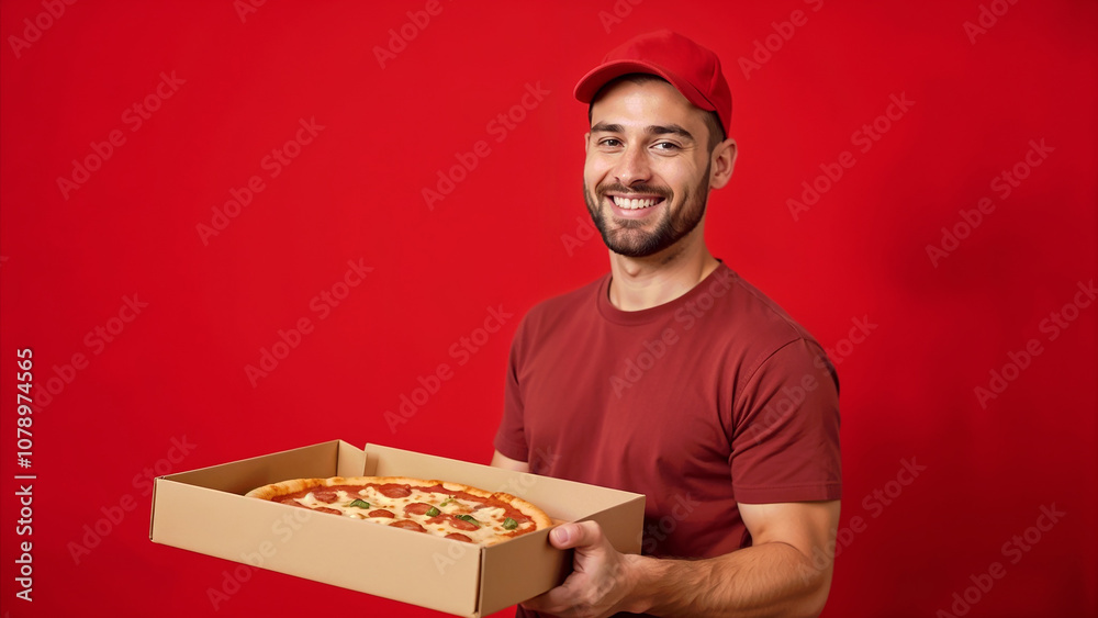 Smiling Young Pizza Delivery Man Holding Pizza Box Against Red Background with Copy Space Smiling Young Pizza Delivery Man Holding Pizza Box Against Red Background with Copy Space