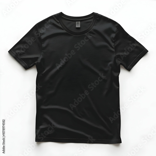 Black t-shirt mockup on white background with wrinkles.