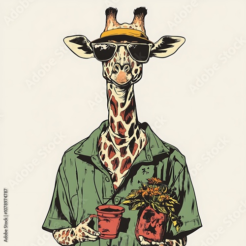 Cool giraffe in sunglasses, hat, and shirt holding a cup of coffee and plant. photo