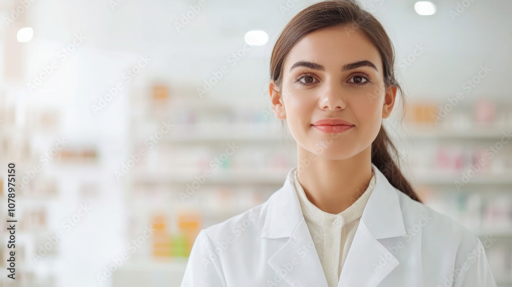 Smiling female pharmacist standing in pharmacy with shelves of medicine in background Smiling female pharmacist standing in pharmacy with shelves of medicine in background
