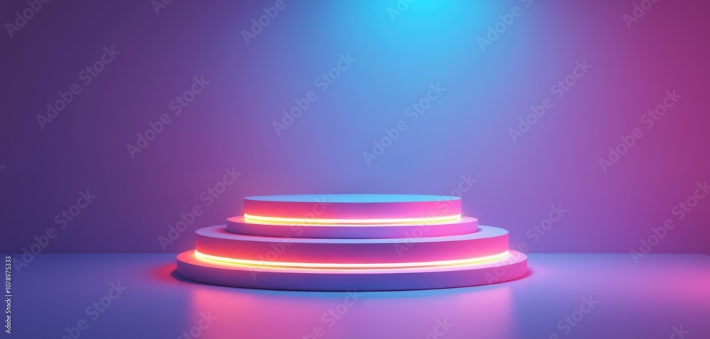 Obraz premium Abstract multi-level platform with neon lights in blue, pink, and yellow on a gradient background. 3D podium scene for product display and branding. Design for poster, banner, wallpaper, and header.