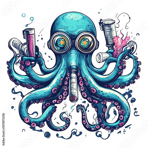 A cartoon octopus wearing goggles and holding tattooing tools. photo