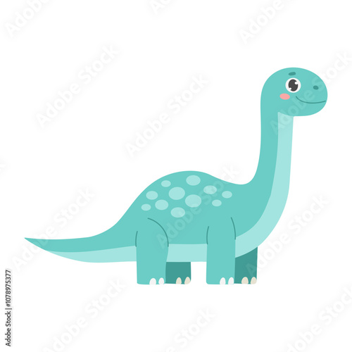 Fototapeta Naklejka Na Ścianę i Meble -  A cartoon dinosaur with a smile on its face. It is green and has a long neck. It is standing on a white background