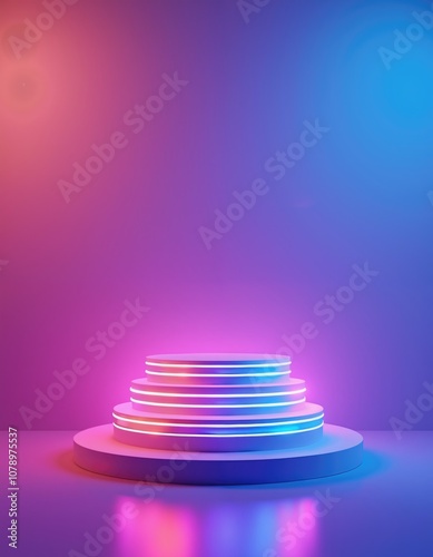 Abstract multi-level platform with neon lights in blue, pink, and yellow on a gradient background. 3D podium scene for product display and branding. Design for poster, banner, wallpaper, and header.