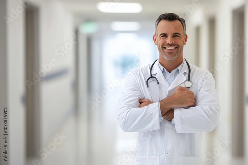 Smiling male doctor in white coat poses confidently with arms crossed in hospital corridor