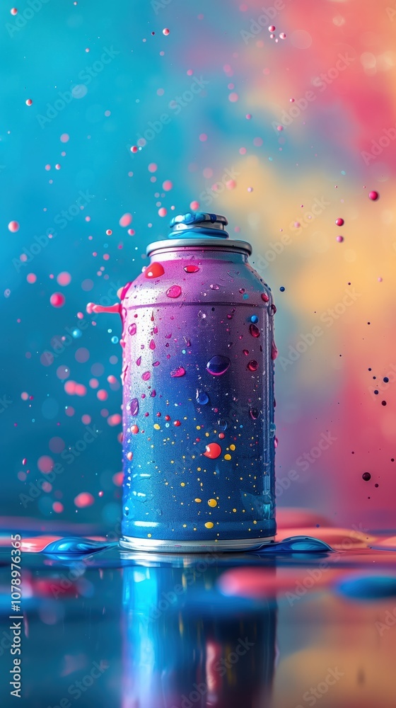 A water-based spray paint can stands out with vibrant colors, surrounded by playful droplets of paint on a glossy surface, reflecting an artistic atmosphere A water-based spray paint can stands out with vibrant colors, surrounded by playful droplets of paint on a glossy surface, reflecting an artistic atmosphere
