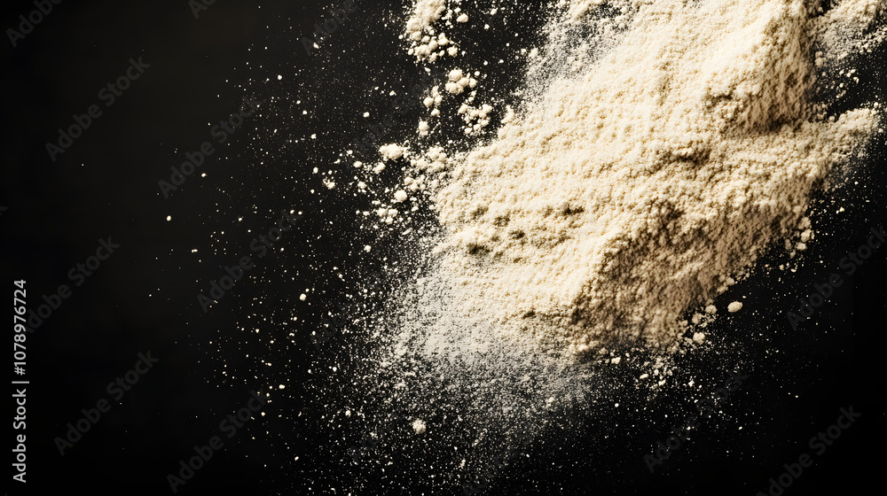 Flour heap or pile. illustration of white falling powder isolated on black background, powder or dust effect Flour heap or pile. illustration of white falling powder isolated on black background, powder or dust effect