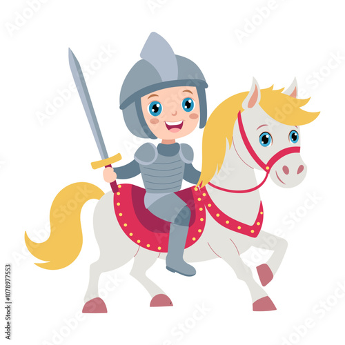 A boy is riding a horse and holding a sword. The horse is white and has a red saddle