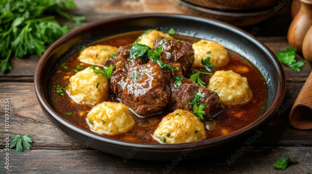 Delicious meatballs with dumplings in savory broth Delicious meatballs with dumplings in savory broth