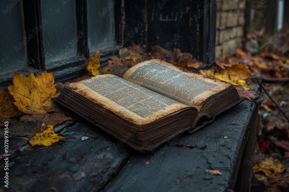 An open book rests on a weathered surface surrounded by autumn leaves. The pages show signs of age. A moment that captures nature and literature together. Generative AI An open book rests on a weathered surface surrounded by autumn leaves. The pages show signs of age. A moment that captures nature and literature together. Generative AI