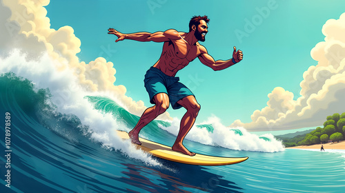 A Playful Man Riding a Surfboard on His Back in a Bright Coastal Setting