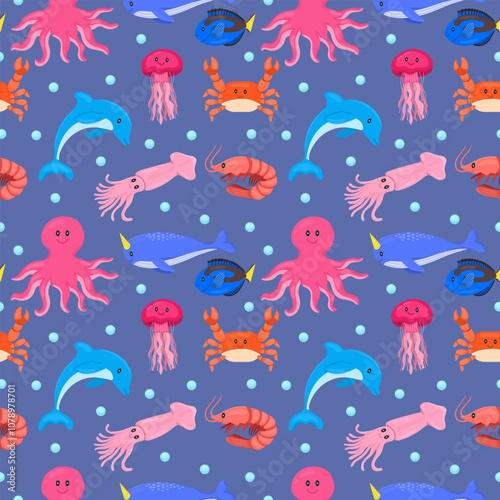 Seamless children's pattern with sea animals on a blue background, cartoon