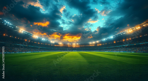 Dramatic nighttime soccer stadium scene with bright stadium lights illuminating the field and seating, capturing the thrilling atmosphere and anticipation of a big match 