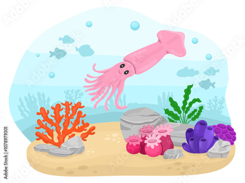 Cute underwater scene with underwater world and sea cartoon animal squid, corals. Kawaii baby animal for kids, bright illustration