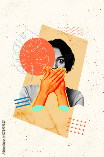 Vertical photo collage of scared girl hands shut mouth voiceless censorship palms leaf mute secret gossip isolated on painted background photo