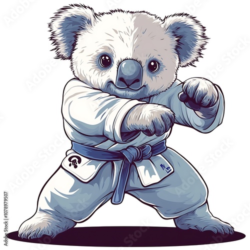 A cute cartoon koala wearing a white karate gi with a blue belt, standing in a fighting pose. photo