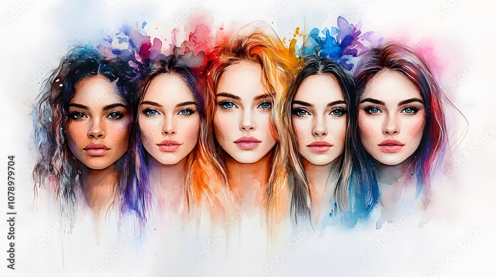 Obraz premium Watercolor illustration of diverse women celebrating Women Day, soft pastel hues, flowers in background