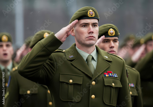 Norwegian soldiers giving salute during ceremony military, glory and honor, dignified military uniform photo