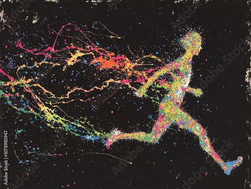 Vibrant splatter art depicts a running figure, symbolizing dynamic energy and motion.