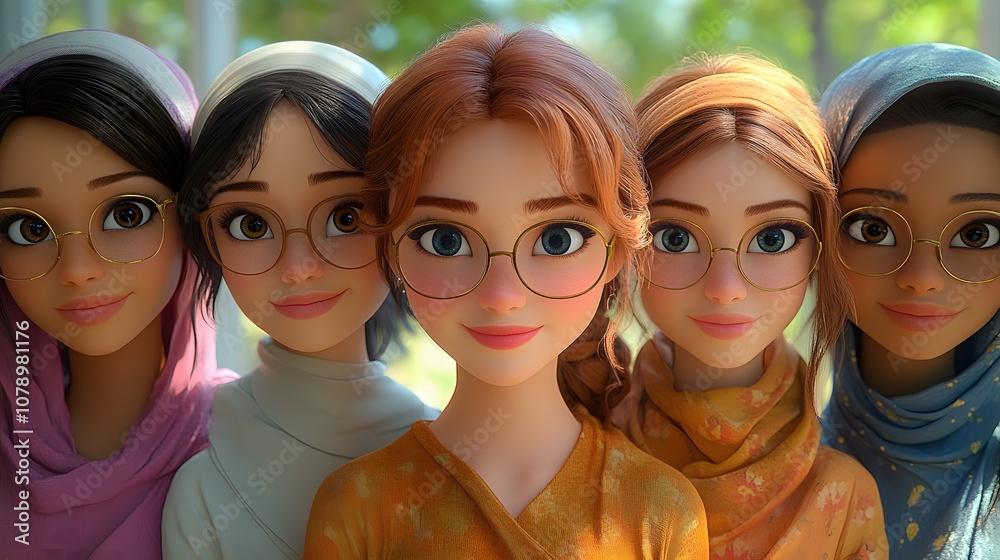 Diverse group of women in pastel tones, cartoon 3D style, happy and empowered Women Day theme Diverse group of women in pastel tones, cartoon 3D style, happy and empowered Women Day theme