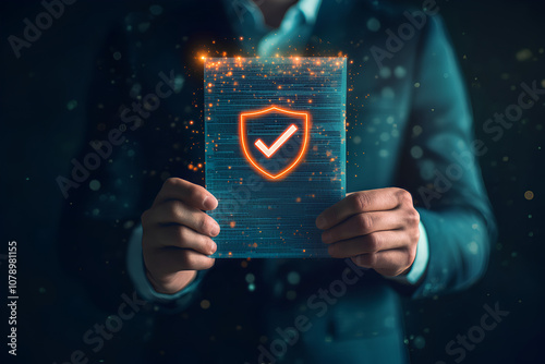 A businessman in a suit holding a document with a glowing shield and checkmark, representing security and data protection.