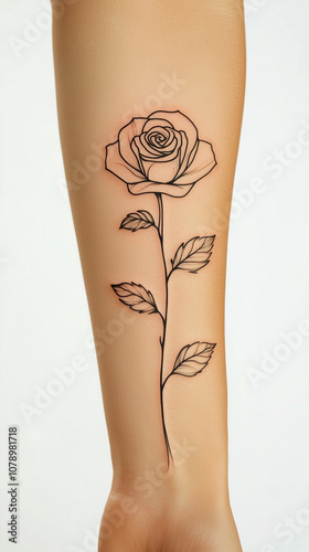 tattoo of rose flower with simple line, fine line rose tattoo, Minimal colors with dark shading, rose tattoo flash photo