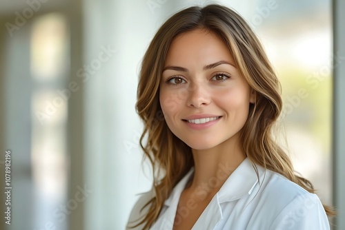 Closeup of Smiling Female Doctor in White Coat