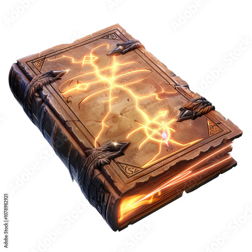 An enchanted ancient book with glowing symbols and magical light, suggesting mysterious spells and magic. Cut out or PNG.