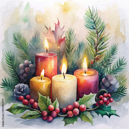 Watercolor Christmas Candles Background