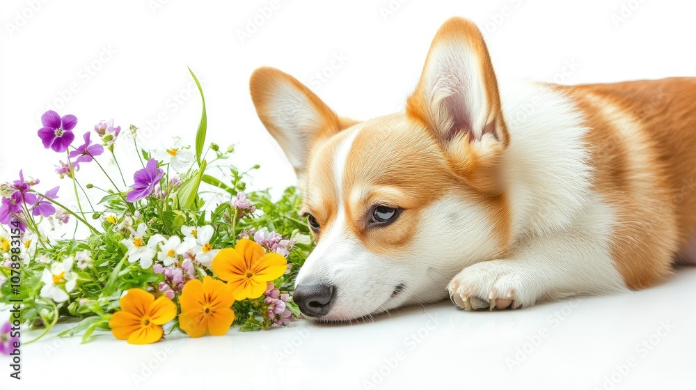 Relaxed Dog Among Colorful Flowers in Bright Setting Relaxed Dog Among Colorful Flowers in Bright Setting