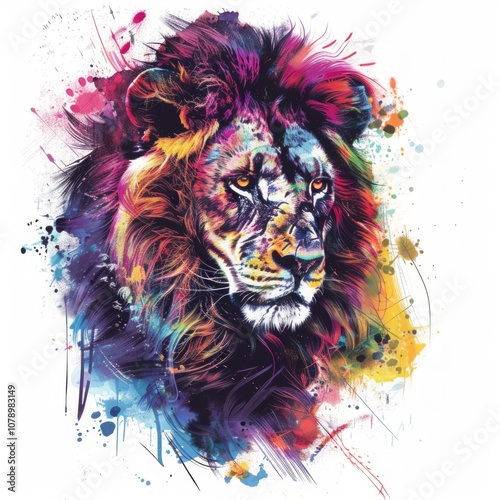 Lion portrait with vibrant colors and paint splashes on a white background. Digital pop art illustration with abstract ink effects. Wildlife and strength concept for posters and wall art. Generative A photo