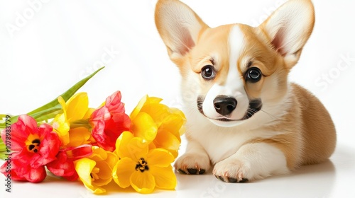 Adorable Corgi Puppy with Colorful Flowers