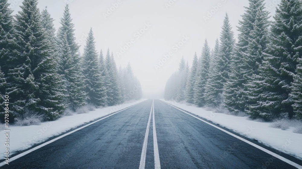 Misty winter road surrounded by snow-covered pine trees in serene forest landscape