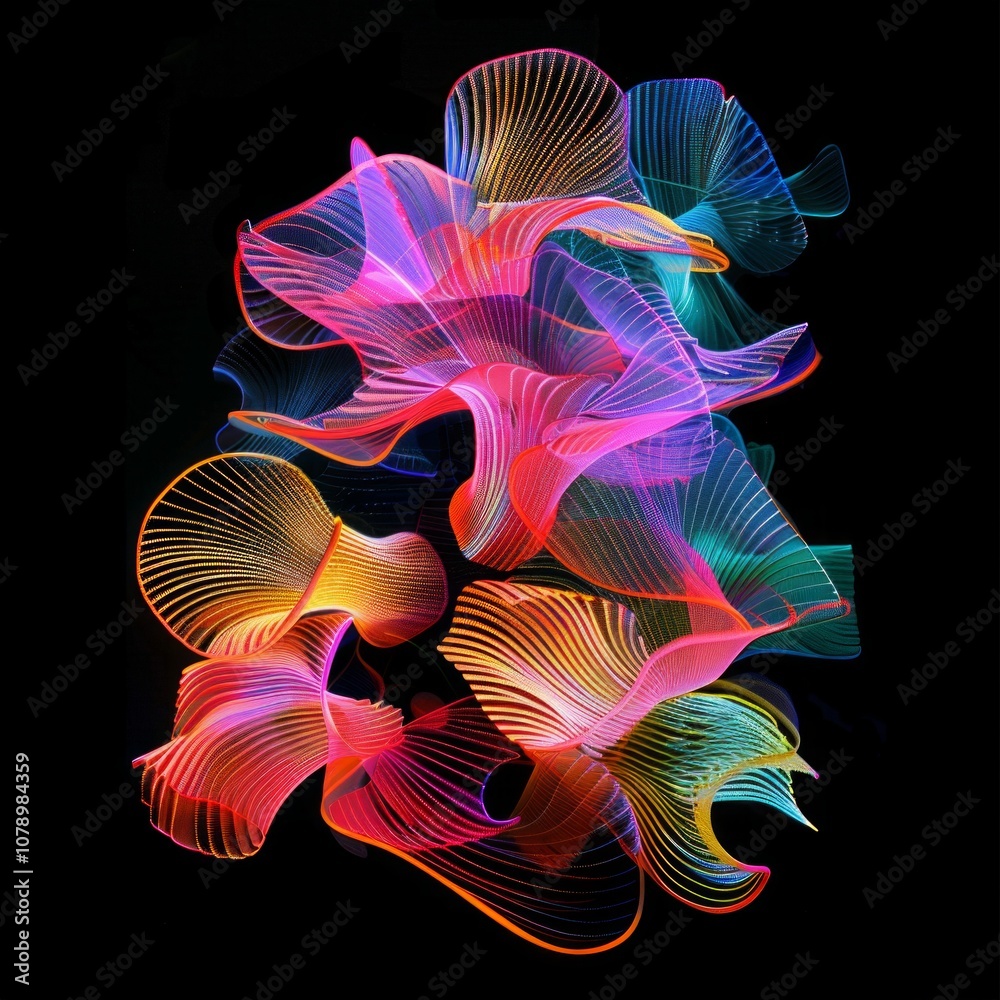 Obraz premium Abstract neon light ribbons forming vibrant, flowing shapes on a black background. Futuristic digital art with colorful lines and fluid motion effects. Generative AI