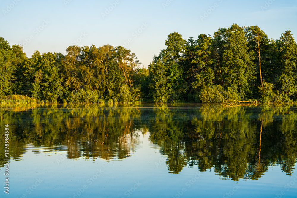 Quiet lake surrounded by forest, reflection of trees on water surface. clear sunny day. Photo wallpaper. Beauty of nature. Quiet lake surrounded by forest, reflection of trees on water surface. clear sunny day. Photo wallpaper. Beauty of nature.